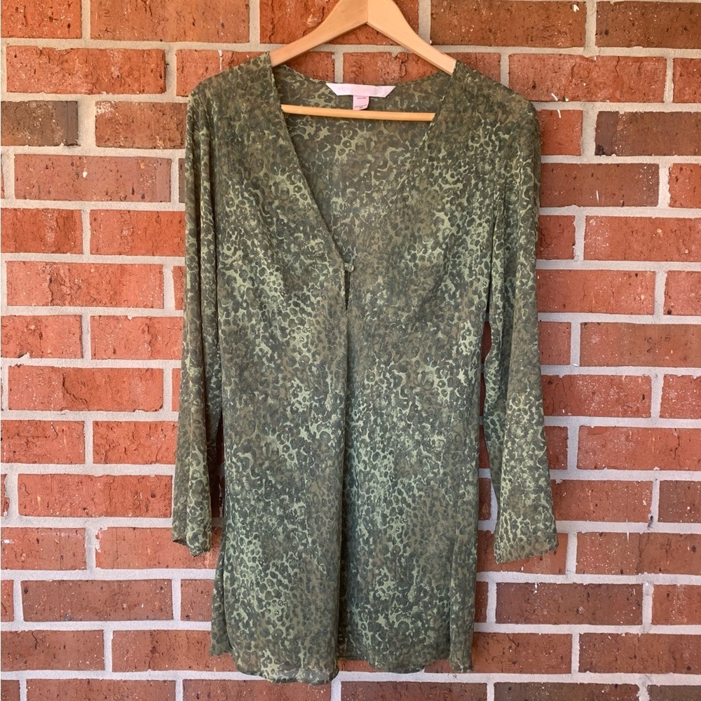 Victoria's Secret Green Animal Print Long Sleeve Sheer Slip Dress XS‎